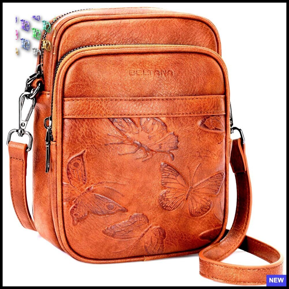 Vegan Leather Crossbody Bag Butterfly Embossed RFID Blocking Adjustable Strap